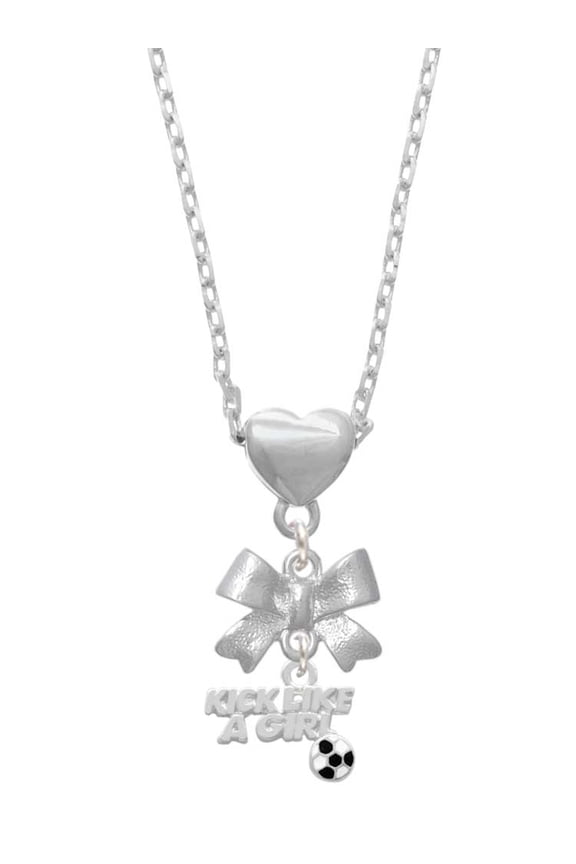 Silvertone Kick Like a Girl with Enamel Soccer Ball Silver tone Bow Heart Necklace
