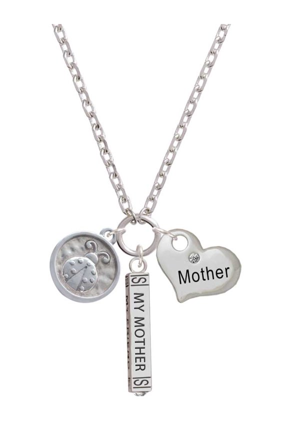 Silvertone Ladybug - Round Seal Always My Mother Bar Zoe Necklace