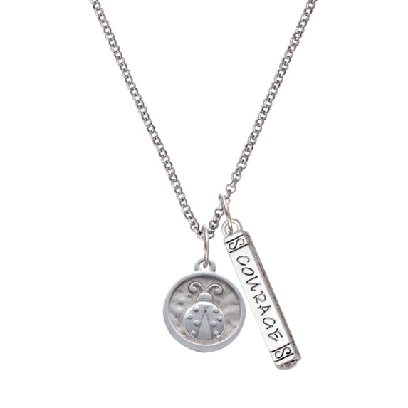 Delight Jewelry Silvertone Ladybug - Round Seal Silvertone Courage Strength Wisdom Honesty Bar Charm Necklace, 23"
