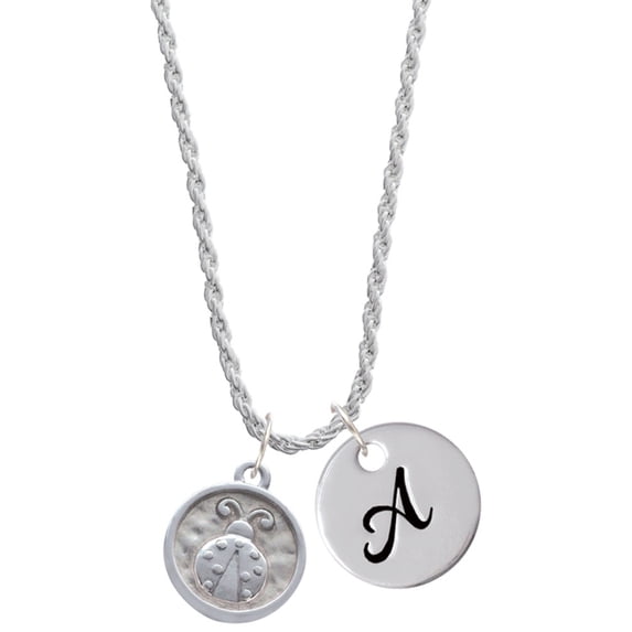 Delight Jewelry Silvertone Ladybug - Round Seal Silvertone Script Initial Disc - A - Charm Necklace, 20"+3"