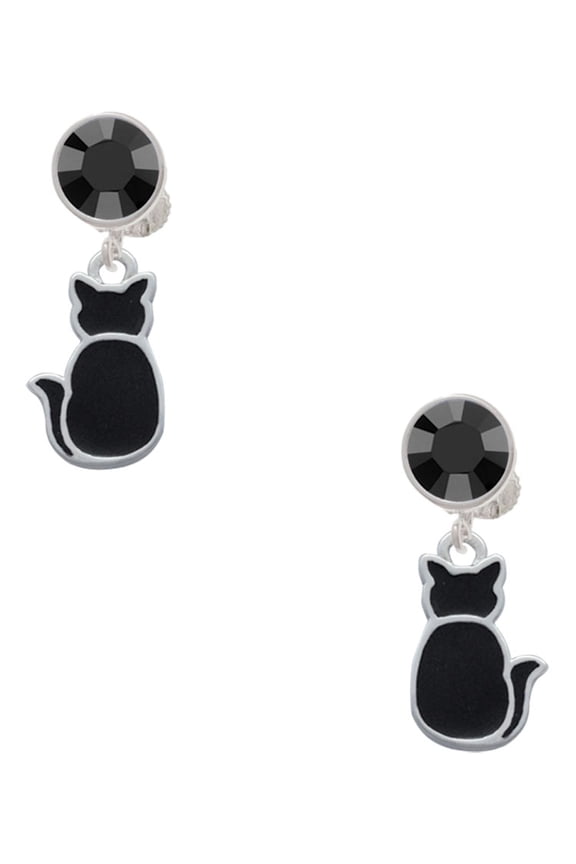 Silvertone Large 2-D Black Cat Back Black Crystal Clip on Earrings