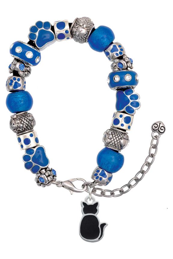Silvertone Large 2-D Black Cat Back Blue Paw Print Bead Bracelet, 7"+2"