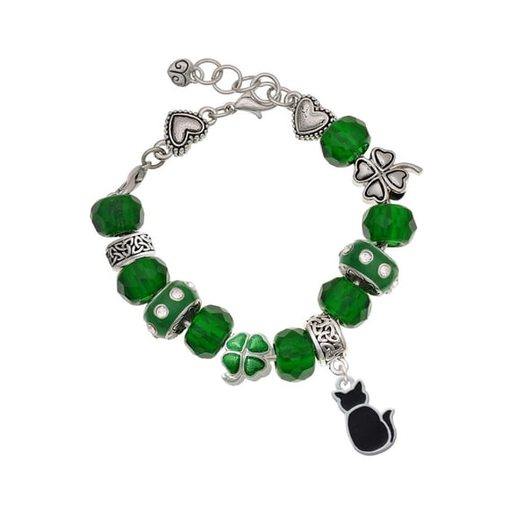 Delight Jewelry Silvertone Large 2-D Black Cat Back - Green Irish Luck Bead Charm Bracelet, 7.5"