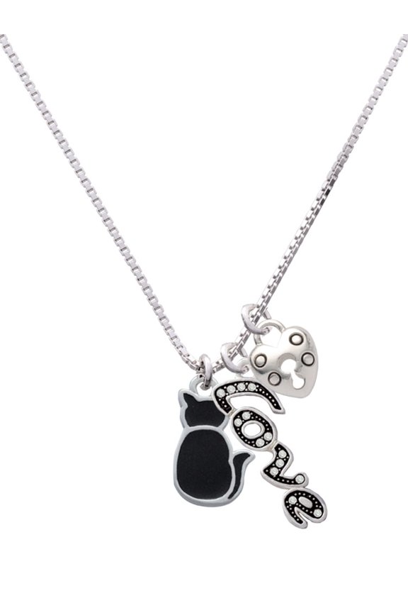 Silvertone Large 2-D Black Cat Back - Love and Lock Charm Necklace, 18"+1"