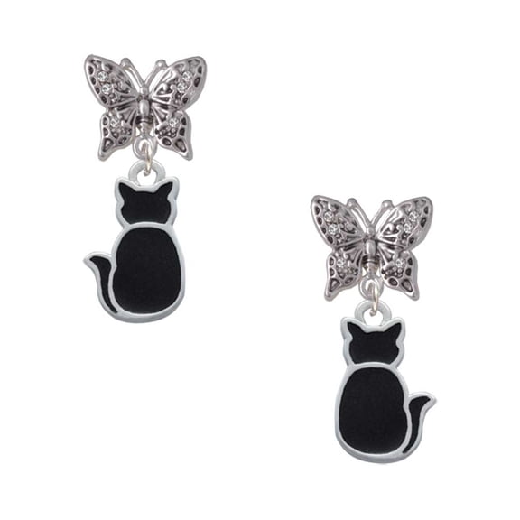 Delight Jewelry Silvertone Large 2-D Black Cat Back Silvertone Antiqued Butterfly Post Earrings