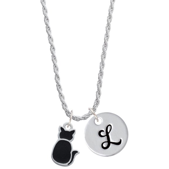 Delight Jewelry Silvertone Large 2-D Black Cat Back Silvertone Script Initial Disc - L - Charm Necklace, 20"+3"