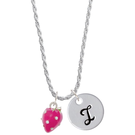 Delight Jewelry Silvertone Large 3-D Hot Pink Strawberry with Crystals Silvertone Script Initial Disc - I - Charm Necklace, 20"+3"