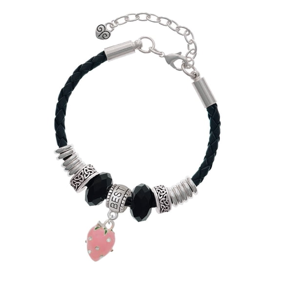Delight Jewelry Silvertone Large 3-D Pink Strawberry with Crystals Best Friend Celtic Knot Leather Bead Bracelet, 7"+2" Extender