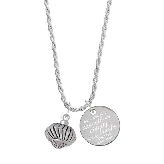 Delight Jewelry Silvertone Large Angled Rope Spinner She is Clothed in Stength and Dignity Charm Necklace, 20"+3"