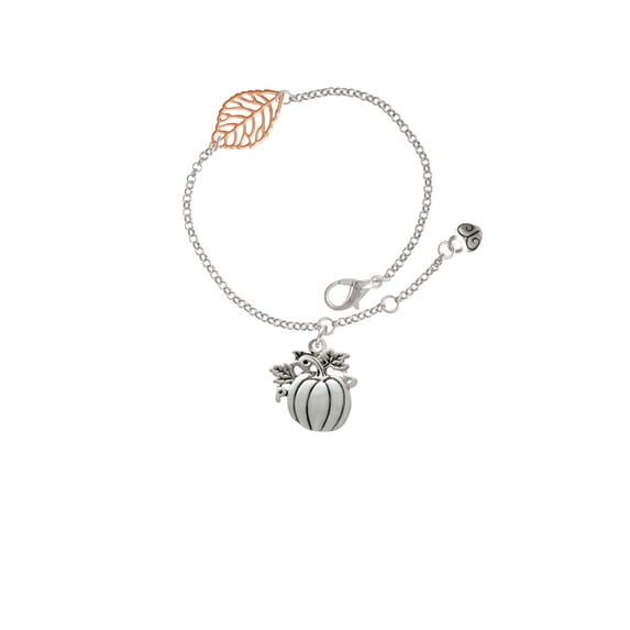 Delight Jewelry Silvertone Large Antiqued Pumpkin - Rose Goldtone Leaf Delicate Bracelet, 6.25+1.75"