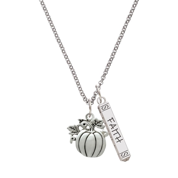 Delight Jewelry Silvertone Large Antiqued Pumpkin Silvertone Believe Faith Prayer Hope Bar Charm Necklace, 23"