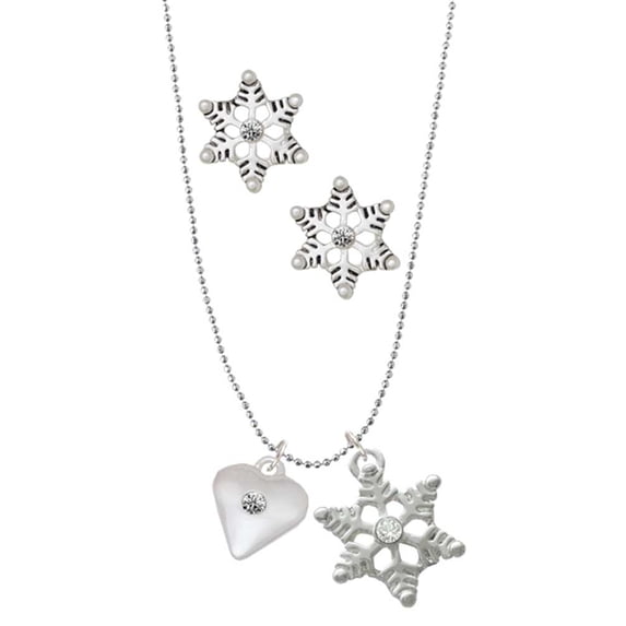Delight Jewelry Silvertone Large April - Clear Crystal Heart Silver tone Snowflake Charm Necklace and Stud Earrings