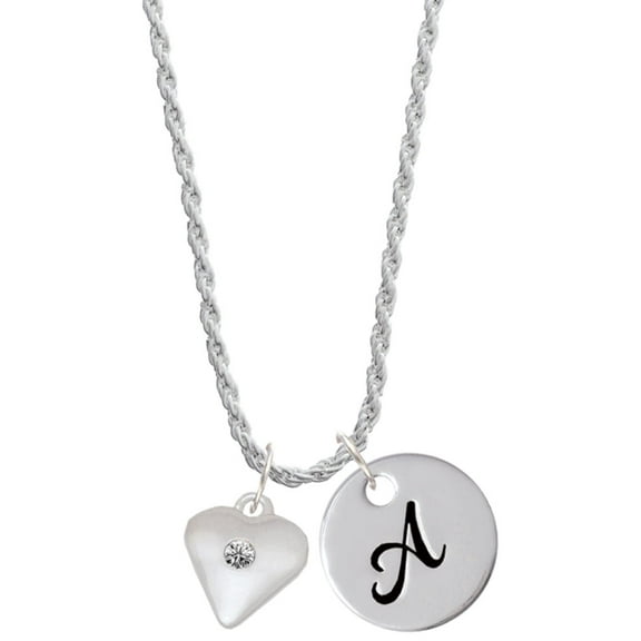 Delight Jewelry Silvertone Large April - Clear Crystal Heart Silvertone Script Initial Disc - A - Charm Necklace, 20"+3"