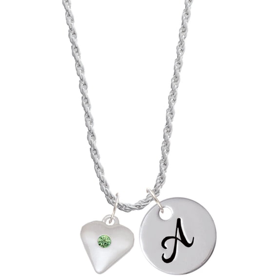Delight Jewelry Silvertone Large August - Lime Green Crystal Heart Silvertone Script Initial Disc - A - Charm Necklace, 20"+3"