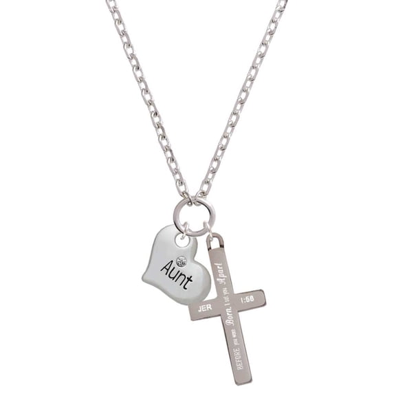 Delight Jewelry Silvertone Large ''Aunt'' Heart with Clear Crystal I Set You Apart Engraved Cross Zoey Necklace, 28"