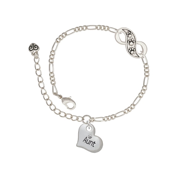 Delight Jewelry Silvertone Large ''Aunt'' Heart with Clear Crystal Silver-tone Paw Infinity Link Chain Bracelet, 6"+2" Extender