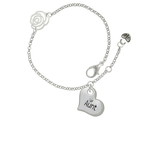 Delight Jewelry Silvertone Large ''Aunt'' Heart with Clear Crystal Silver-tone Rose Link Chain Bracelet, 6.25"+1.75" Extender