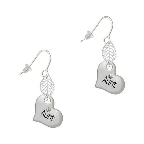 Delight Jewelry Silvertone Large ''Aunt'' Heart with Clear Crystal Silvertone Leaf French Earrings