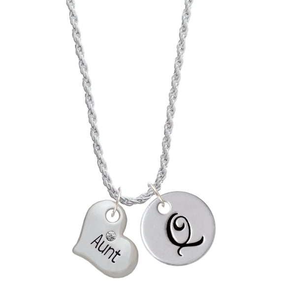 Delight Jewelry Silvertone Large ''Aunt'' Heart with Clear Crystal Silvertone Script Initial Disc - Q - Charm Necklace, 20"+3"