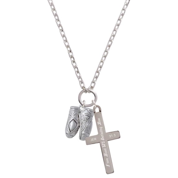 Delight Jewelry Silvertone Large Ballet Slippers Everlasting Love Engraved Cross Zoey Necklace, 28"