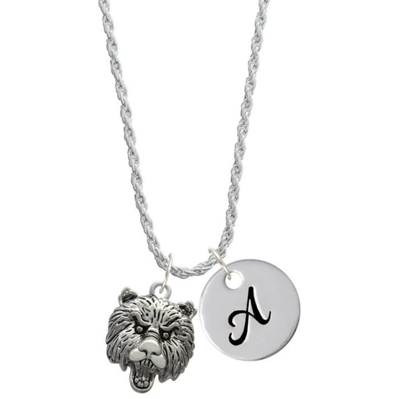 Delight Jewelry Silvertone Large Bear - Mascot Silvertone Script Initial Disc - A - Charm Necklace, 20"+3"