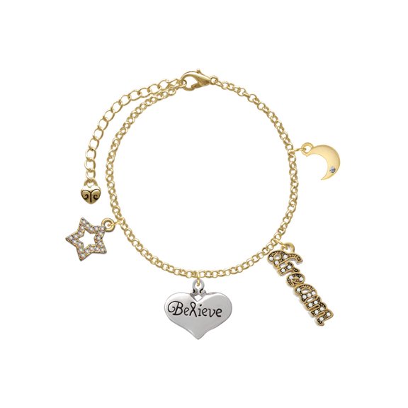 Delight Jewelry Silvertone Large Believe with Ribbon Heart Goldtone Dream Big Charm Bracelet, 7.5+2" Extender
