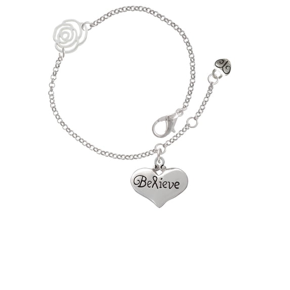 Delight Jewelry Silvertone Large Believe with Ribbon Heart Silver-tone Rose Link Chain Bracelet, 6.25"+1.75" Extender
