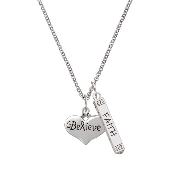 Delight Jewelry Silvertone Large Believe with Ribbon Heart Silvertone Believe Faith Prayer Hope Bar Charm Necklace, 23"