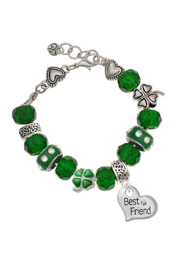 Silvertone Large ''Best Friend'' Heart - Green Irish Luck Bead Charm Bracelet, 7.5"