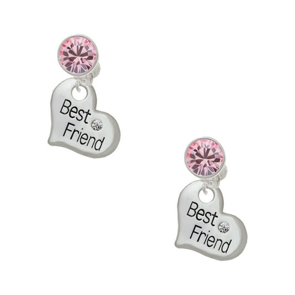 Delight Jewelry Silvertone Large ''Best Friend'' Heart Pink Crystal Clip on Earrings