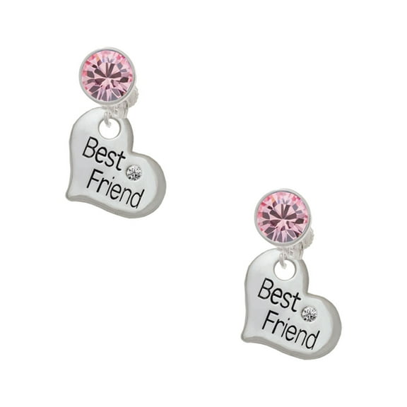 Delight Jewelry Silvertone Large ''Best Friend'' Heart Pink Crystal Clip on Earrings