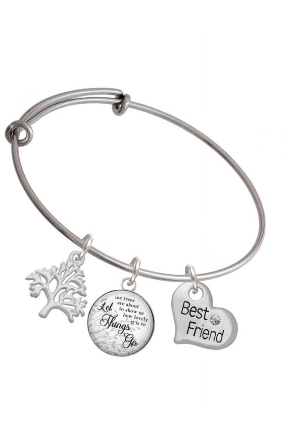 Silvertone Large ''Best Friend'' Heart Silvertone Let Things Go Tree Charm Bangle Bracelet