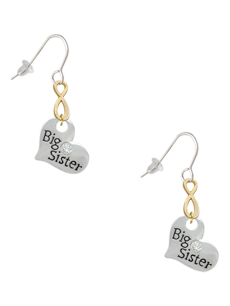 Delight Jewelry Silvertone Large ''Big Sister'' Heart with Clear Crystal Gold Tone Infinity French Earrings
