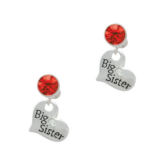 Delight Jewelry Silvertone Large ''Big Sister'' Heart with Clear Crystal Red Crystal Clip on Earrings