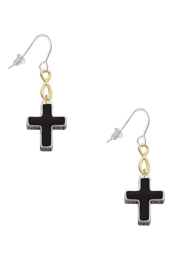 Silvertone Large Black Enamel Cross with Decorated Sides Gold Tone Infinity French Earrings