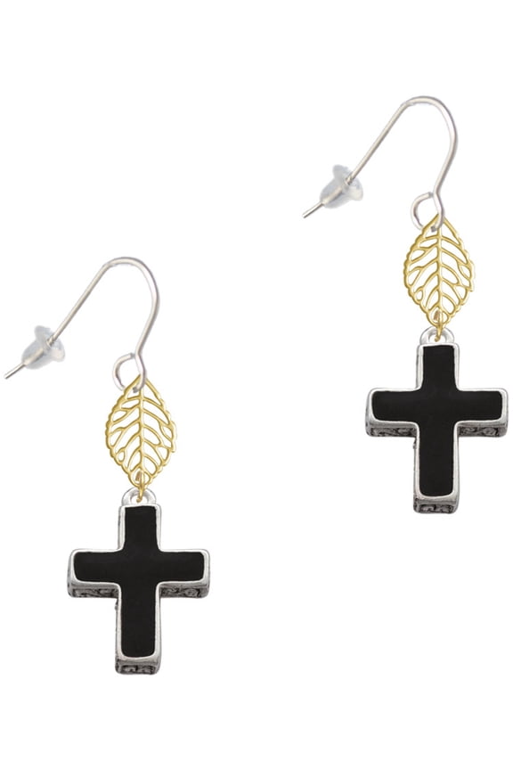Silvertone Large Black Enamel Cross with Decorated Sides Goldtone Leaf French Earrings