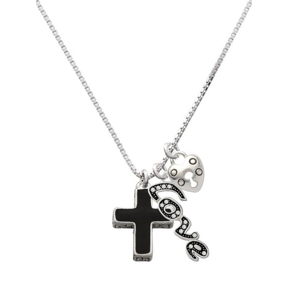 Delight Jewelry Silvertone Large Black Enamel Cross with Decorated Sides - Love and Lock Charm Necklace, 18"+1"