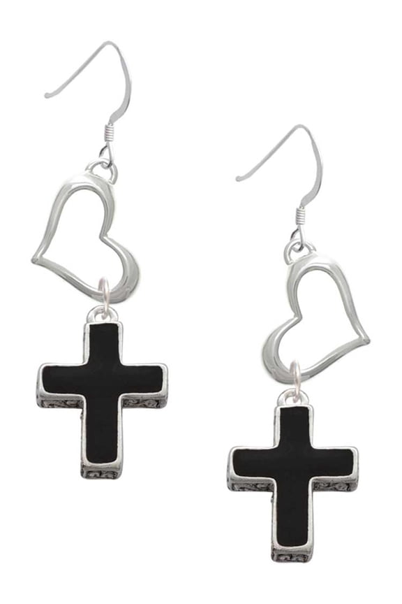 Silvertone Large Black Enamel Cross with Decorated Sides Open Heart French Earrings