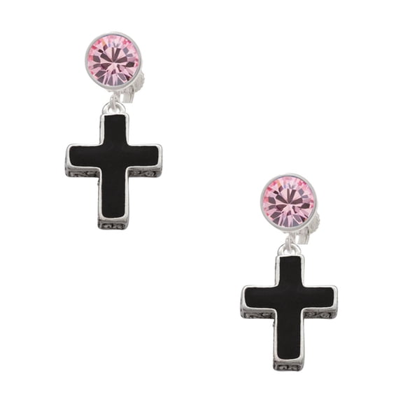 Delight Jewelry Silvertone Large Black Enamel Cross with Decorated Sides Pink Crystal Clip on Earrings