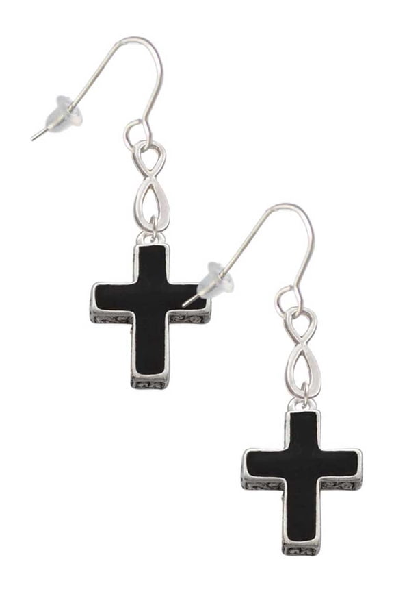 Silvertone Large Black Enamel Cross with Decorated Sides Silver tone Infinity French Earrings