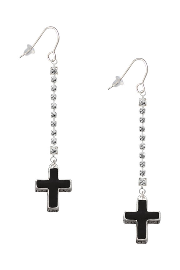 Silvertone Large Black Enamel Cross with Decorated Sides - Silver-tone Long Sparkle Dangle French Earrings