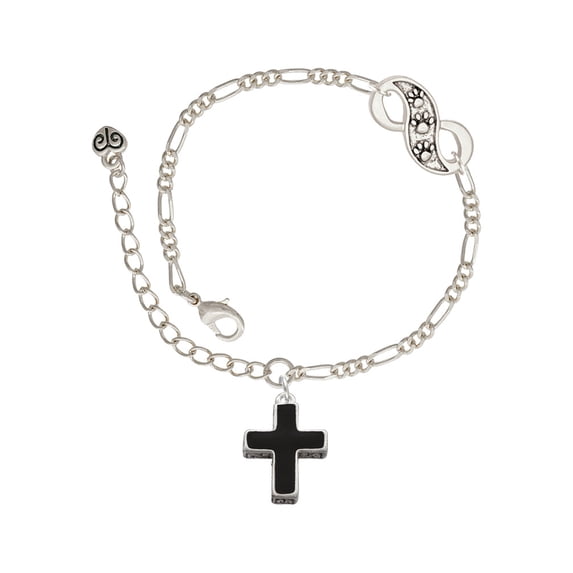 Delight Jewelry Silvertone Large Black Enamel Cross with Decorated Sides Silver-tone Paw Infinity Link Chain Bracelet, 6"+2" Extender