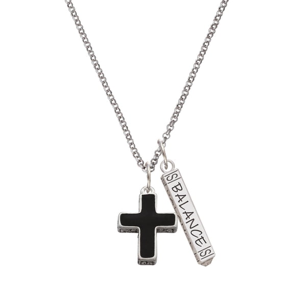 Delight Jewelry Silvertone Large Black Enamel Cross with Decorated Sides Silvertone Balance Bar Charm Necklace, 23"