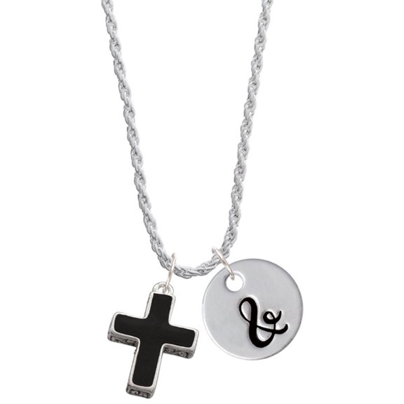 Delight Jewelry Silvertone Large Black Enamel Cross with Decorated Sides Silvertone Script Initial Disc - & - Charm Necklace, 20"+3"