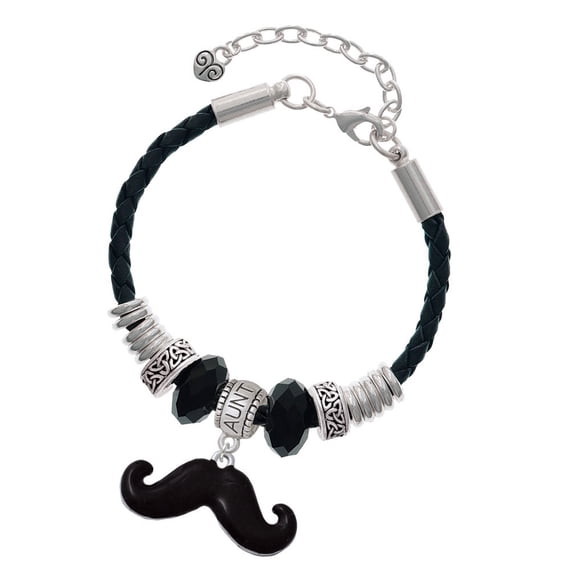 Delight Jewelry Silvertone Large Black Enamel Mustache Aunt Celtic Knot Leather Bead Bracelet, 7"+2" Extender