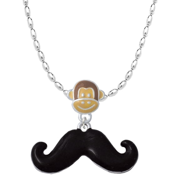 Delight Jewelry Silvertone Large Black Enamel Mustache Mia Monkey Charm Necklace