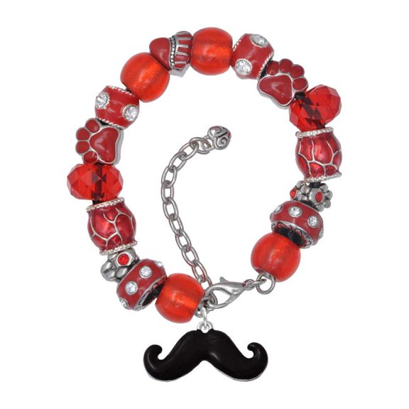 Delight Jewelry Silvertone Large Black Enamel Mustache Red Paw Print Bead Bracelet, 7"+2"
