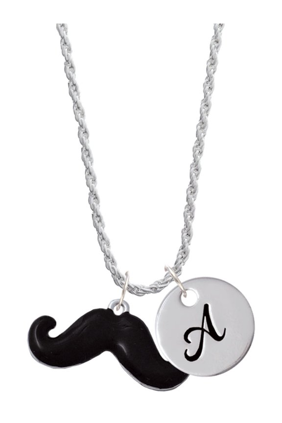 Silvertone Large Black Enamel Mustache Silvertone Script Initial Disc - A - Charm Necklace, 20"+3"