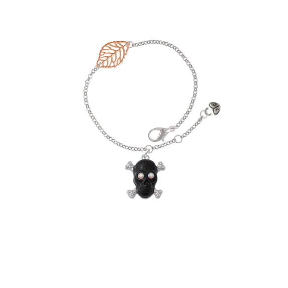 Delight Jewelry Silvertone Large Black Resin Skull with AB Crystals - Rose Goldtone Leaf Delicate Bracelet, 6.25+1.75"