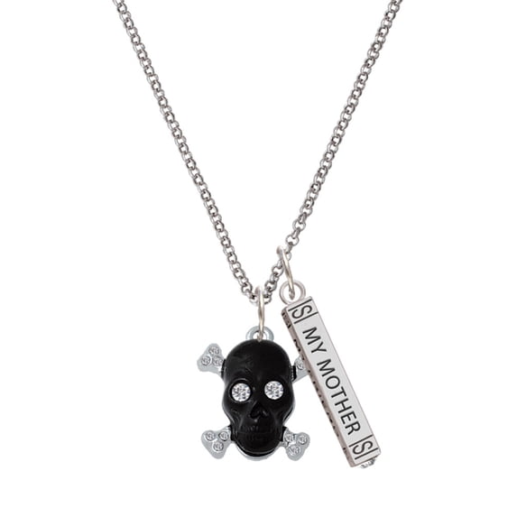 Delight Jewelry Silvertone Large Black Resin Skull with Clear Crystals Silvertone Always My Mother Bar Charm Necklace, 23"